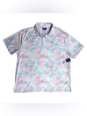 Ben Hogan pastel pink and blue floral leaf on bright white polo UPF 50 men’s 2XL